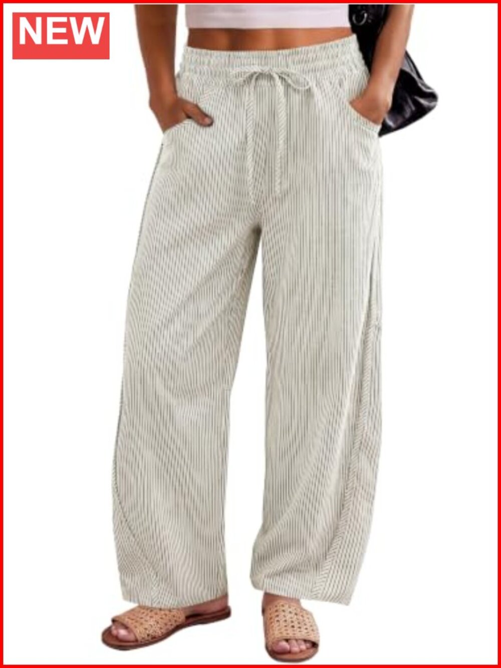 Women's Barrel Striped Wide Leg Casual Pants Pull On Drawstring Trousers